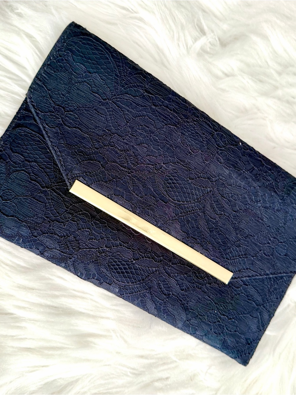 The Limited Navy Lace Envelope Clutch with Gold Bar Accent